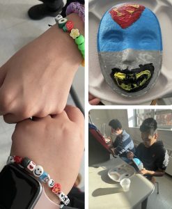 Activities, like mask painting and bracelet making, at Bring Change 2 Mind's Mental Health Spirit Week. 